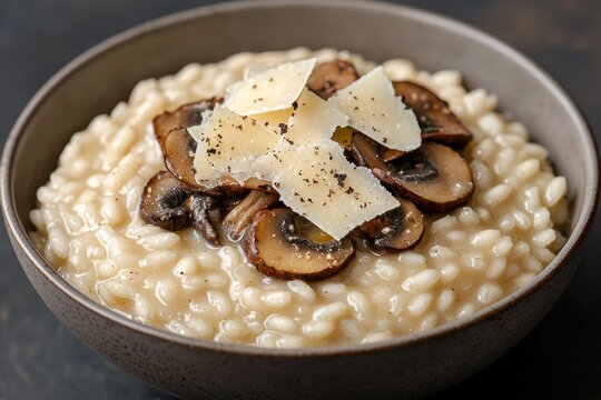 A bowl of mushroom risotto topped with parmesan cheese.