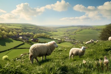 Obraz premium Sheep grazing in field on green grass with blue sky