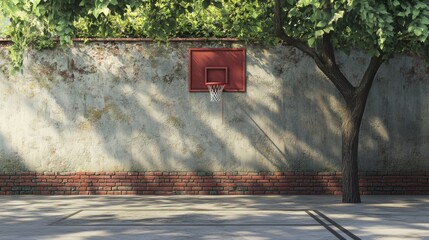 Urban basketball court with trees and wall in natural light setting