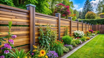 A wooden fence with metal accents in a modern garden surrounded by lush greenery and vibrant flowers , contemporary garden fence, vibrant flowers
