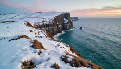 Snow-covered cliffs overlooking tranquil ocean at sunset, natural beauty