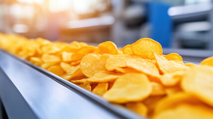 Crispy potato chips on food processing conveyor line, showcasing production process in factory setting. vibrant yellow color adds lively touch to scene
