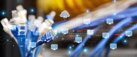 LAN internet network cable or RJ45 UTP Cat6 fiber optic Ethernet cables with cloud computing icons...