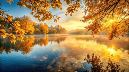 Fototapeta premium serene lake at autumn sunset with vibrant golden leaves and soft mist