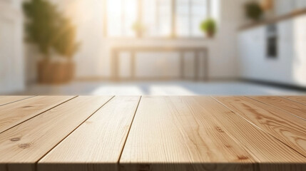 beautiful empty wooden table top sits on blurred background, creating warm and inviting atmosphere in modern kitchen