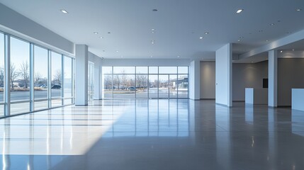 Obraz premium Empty dealership showroom with modern architecture. Featuring open space and sleek decor