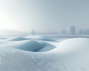 Obraz premium Snowy landscape, misty morning, tranquil scene, winter wonderland