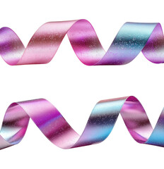 Vibrant Iridescent Pink and Blue Curled Ribbons in Twisting Patterns, Isolated on Transparent and White Background