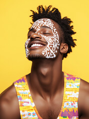 Man in colorful clothing with vibrant tropical print, against a colorful background. Photography for advertising Carnival and summer in Brazil: shopping, fashion, culture and lifestyle