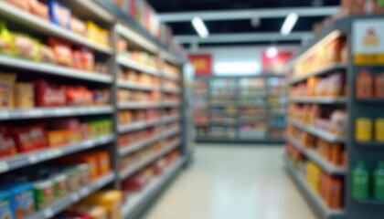 Obraz premium Blurred convenience store background showcases shelves with food. Modern store aisle with shopping cart, various products. Retail business indoor, defocused effect, soft pastel colors.