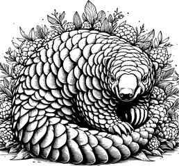 black and white hand drawn illustration of a pangolin