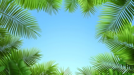 Fototapeta premium Lush Green Palm Leaves Frame Bright Blue Sky Tropical Background
