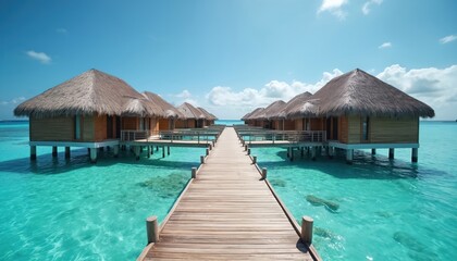 Fototapeta premium Tropical water villas on Maldives island in summer. Vacation destination with luxury bungalows over turquoise ocean lagoon. Wooden bridge road to paradise. Beautiful landscape with turquoise water.