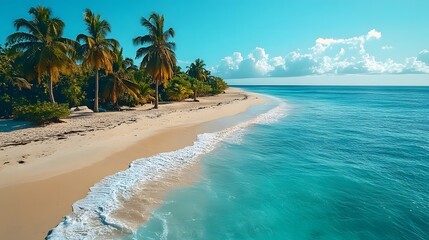 Serene tropical beach with palm trees, gentle waves, and a clear blue sky at midday