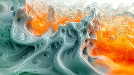 Abstract flowing textures create organic forms in orange and teal