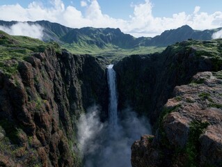 Dramatic waterfall cascading through a deep canyon.