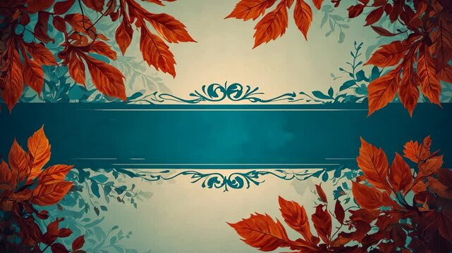 Beautiful autumn leaves frame with teal banner for text overlay animation