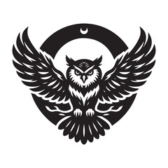 Owl with wide wingspan and moon Silhouette Vector Illustration, Solid White Background.
