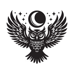 Obraz premium Owl with wide wingspan and moon Silhouette Vector Illustration, Solid White Background.