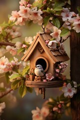 Birdhouse on tree with cherry blossoms