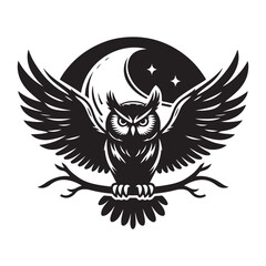 Owl with wide wingspan and moon Silhouette Vector Illustration, Solid White Background.