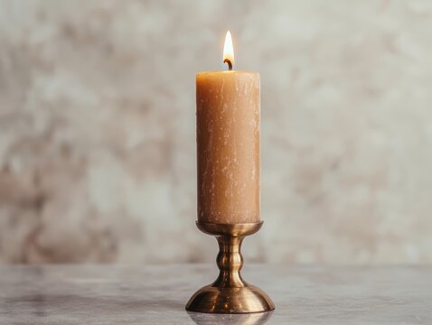 A lit candle in a brass candle holder.