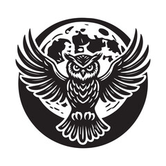 Owl with wide wingspan and moon Silhouette Vector Illustration, Solid White Background.