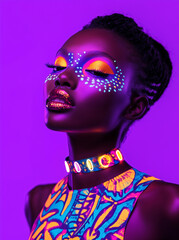 Woman in colorful clothing with vibrant tropical print, against a colorful background. Photography for advertising Carnival and summer in Brazil: shopping, fashion, culture and lifestyle