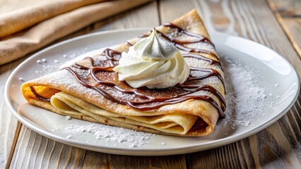 Thin, delicate cr?pe topped with rich chocolate spread and a sprinkle of powdered sugar on a white ceramic plate, French patisserie, whipped cream