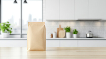 Fototapeta premium modern kitchen setting featuring brown paper bag on wooden table, surrounded by plants and kitchenware, creating warm and inviting atmosphere