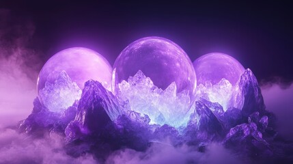 Obraz premium 3d rendering, neon purple space background, abstract space illustration of planets with amethysts and crystals growing, percent, neon purple background, theme space, clear lines