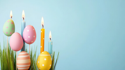 Colorful Easter eggs and candles arranged on green grass against a light blue background, creating a festive spring atmosphere.
