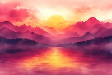 Fototapeta premium Colorful Mountain Sunset Over River Landscape