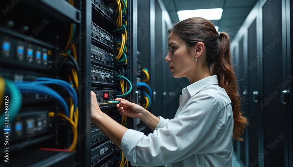 Poster woman connects cable in server room. it technician in data center does networking maintenance. syste