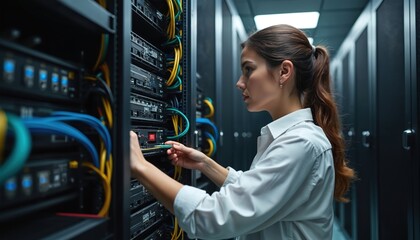 Woman connects cable in server room. IT technician in data center does networking maintenance. System administrator works with wire. Engineer checks equipment for cybersecurity and cloud computing.