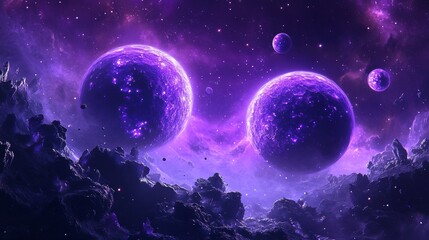 Obraz premium 3d rendering, neon purple space background, abstract space illustration of planets with amethysts and crystals growing, percent, neon purple background, theme space, clear lines