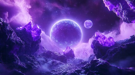 3d rendering, neon purple space background, abstract space illustration of planets with amethysts and crystals growing, percent, neon purple background, theme  space, clear lines