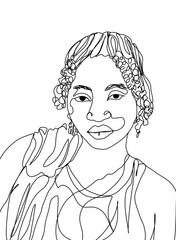 Portrait of a girl with curly hair one line art