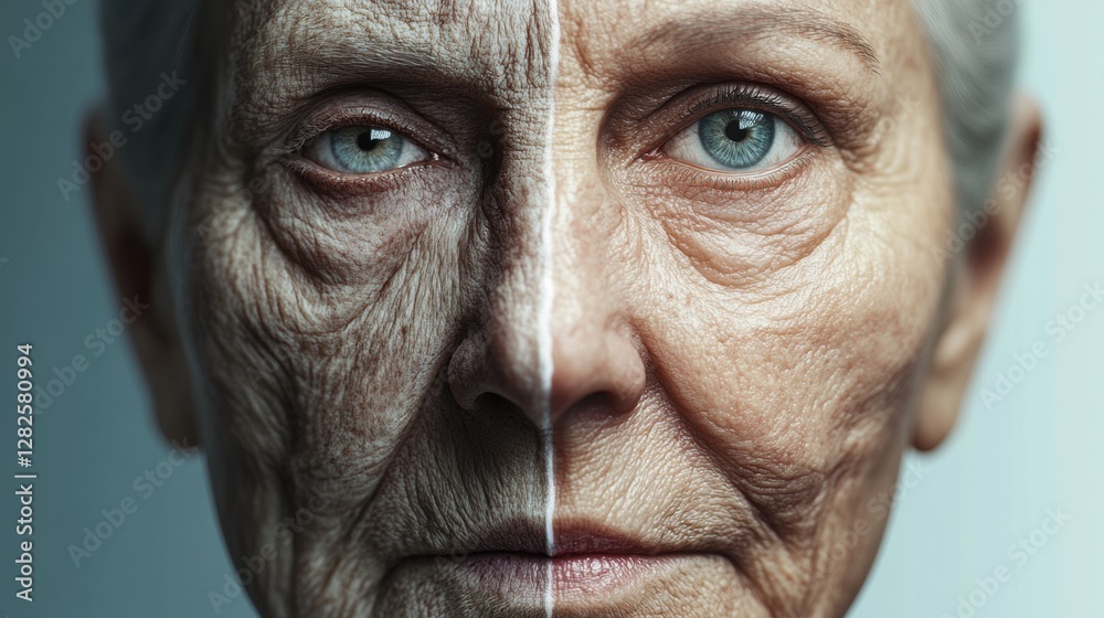 Poster transformation of aging skin showing wrinkles on one side and youthful appearance on the other side.