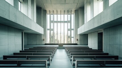 A legislative hall with a minimalist design and grey stone walls. Featuring modernity and efficiency