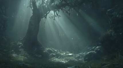 Fototapeta premium Sunbeams Illuminate Ancient Forest Tree and Rocks