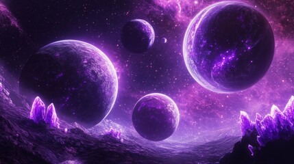 Fototapeta premium 3d rendering, neon purple space background, abstract space illustration of planets with amethysts and crystals growing, percent, neon purple background, theme space, clear lines