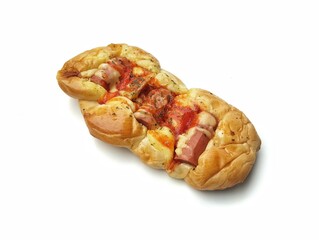 Bread topped with sausage, mayonnaise, cheese and sauce isolated on white background, High angle view 