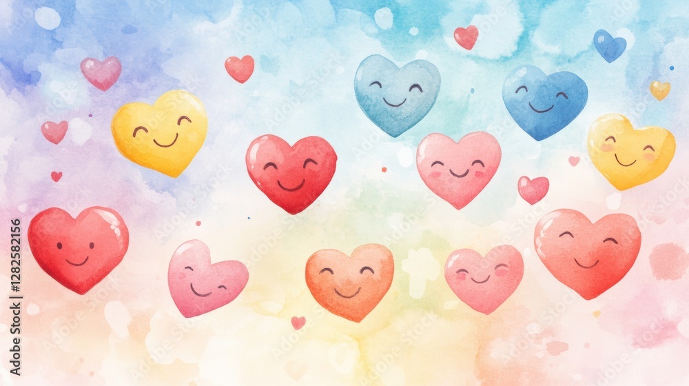 Aufkleber colorful watercolor hearts with cheerful expressions floating in a serene pastel background. generat