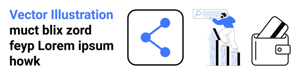 Sharing icon, person using search bar on top of bar charts, card in wallet. Ideal for social media, data analysis, finance, mobile payment, technology marketing research concepts. Landing page