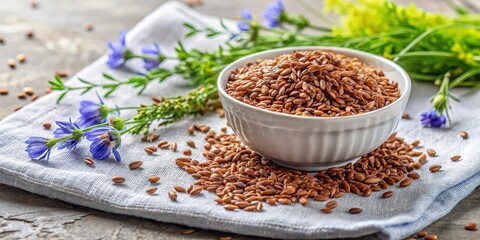 Fresh flax seeds scattered in a small bowl on a white cotton napkin with dried flax flowers and a few sprigs of fresh herbs, healthy snacks, flax seeds