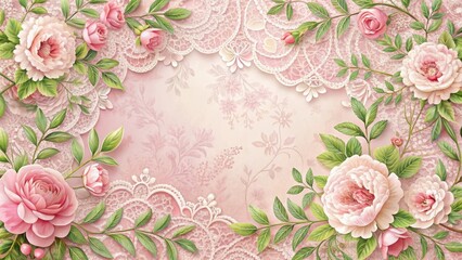 Delicate pink lace with an intricate floral pattern featuring curved vines and lush greenery surrounding a central bloom , ornate
