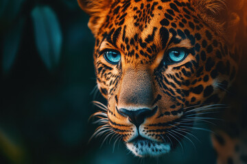 Obraz premium close up shot of leopard face showcasing its striking blue eyes and distinctive fur pattern, evoking sense of wild beauty and intrigue