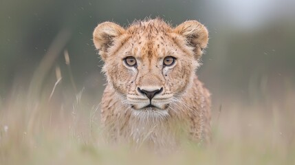 Obraz premium Lion cub stares, African savanna, rainy day, wildlife photography
