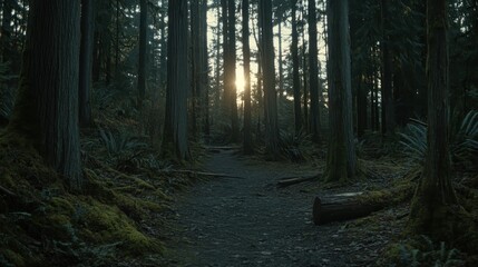 Obraz premium Forest Trail Sunset Sunlight Through Trees